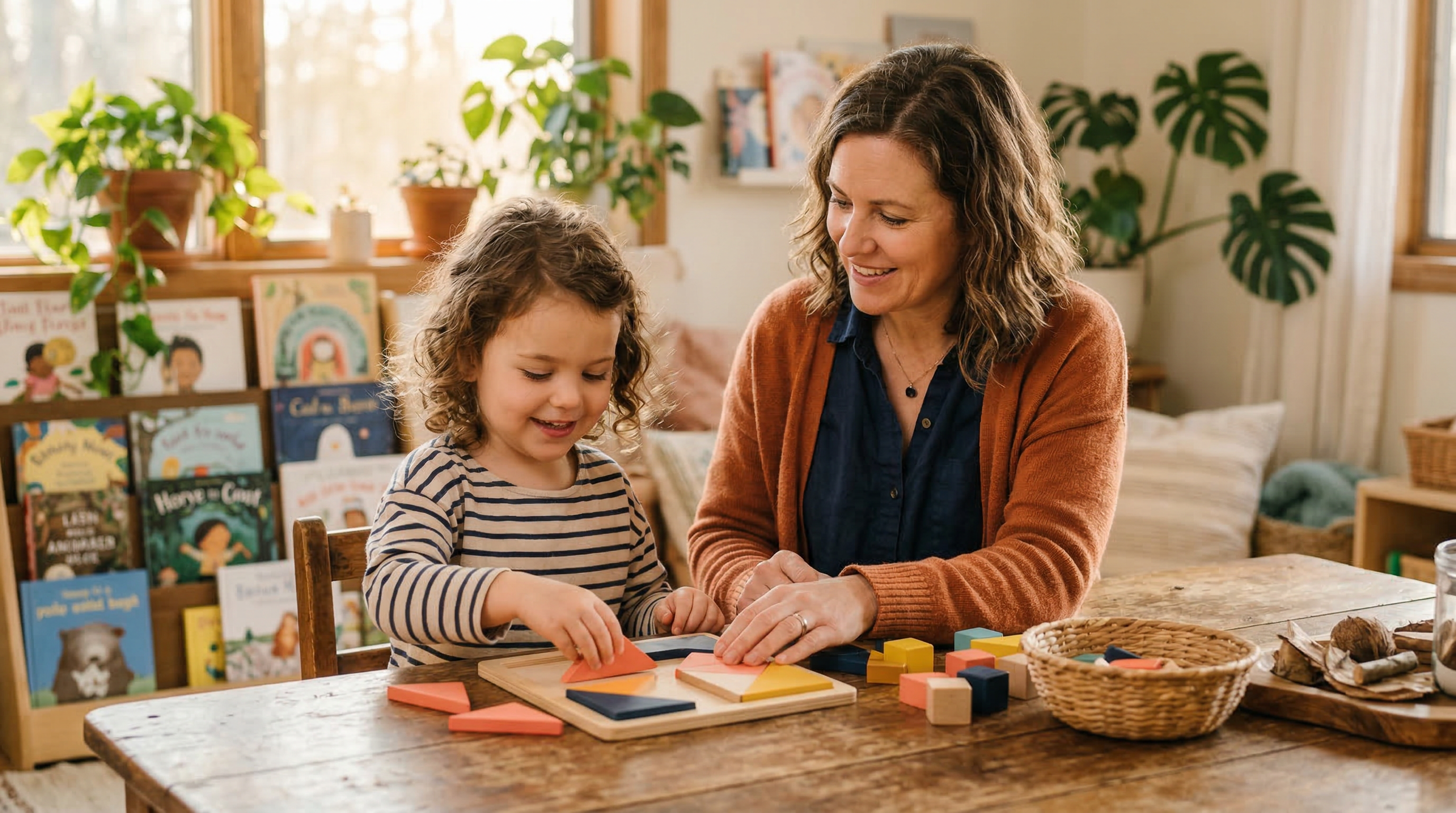 Enfant travaillant avec une éducatrice sur des jeux éducatifs